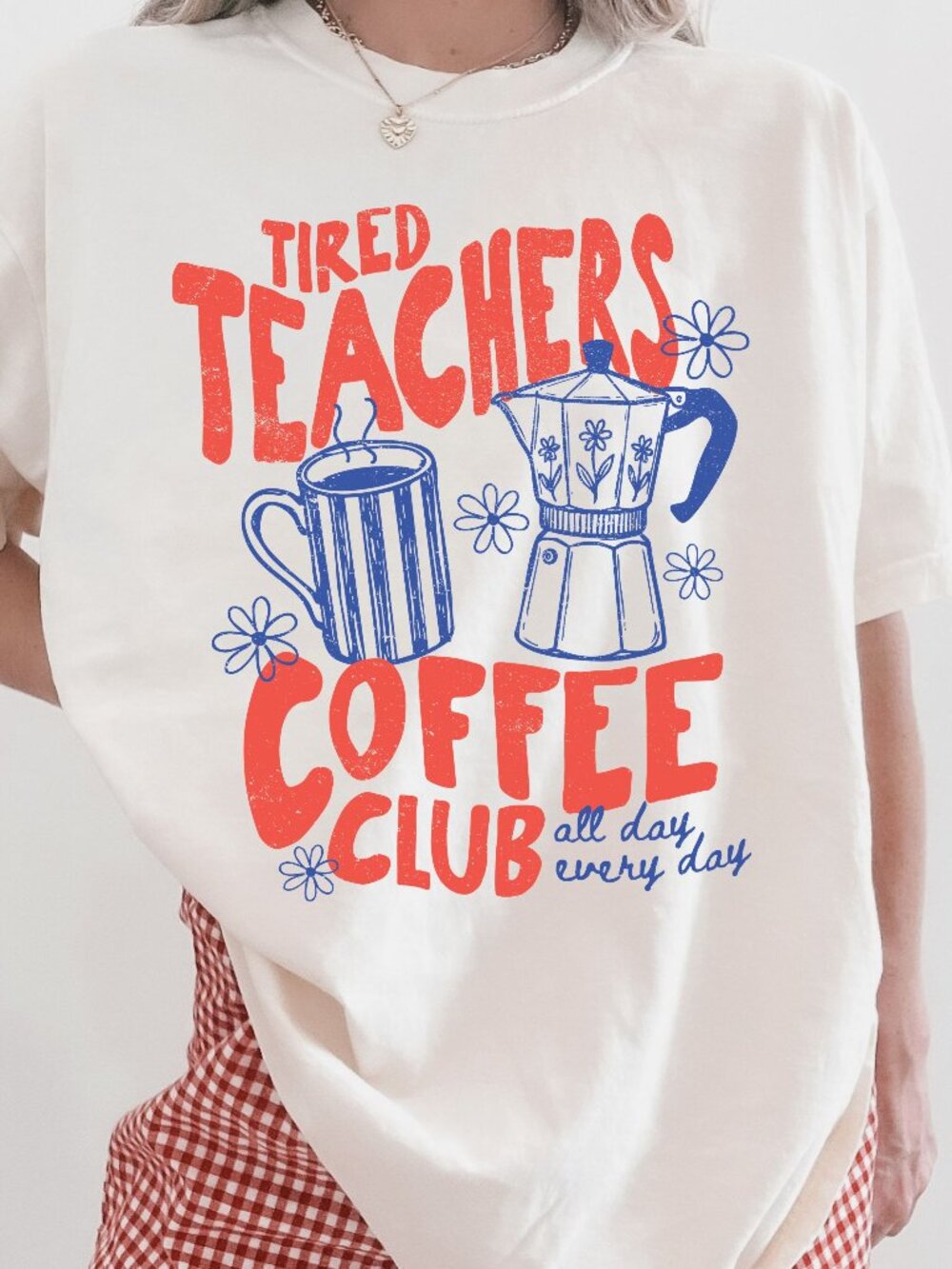 NEW Funny Tired Teachers Coffee Club Cute Teacher Crewneck Graphic Tee Shirt